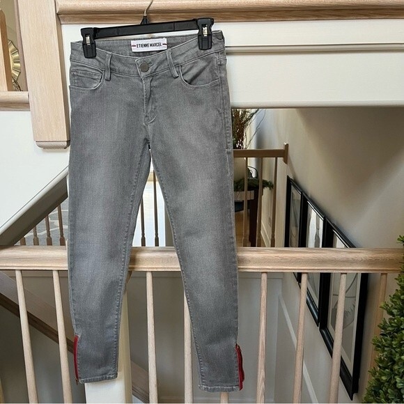 Etienne Marcel Ankle Zip Skinny Jeans Light Gray Red Zipper Style 26 - Picture 7 of 13
